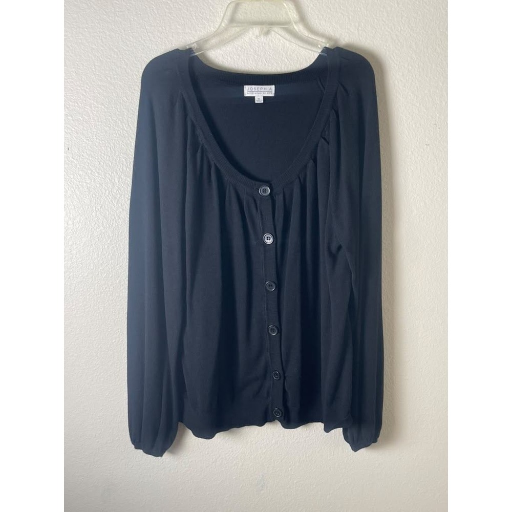 Joseph A Women Black Button Front Scoop Neck Pleated Cardigan Sweater XL